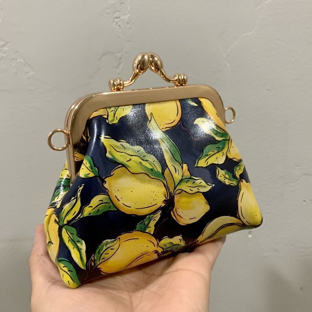Handmade Genuine Cowhide Lemon Print Kisslock wallet/Wristlet/Coin purse - Picture 3 of 13